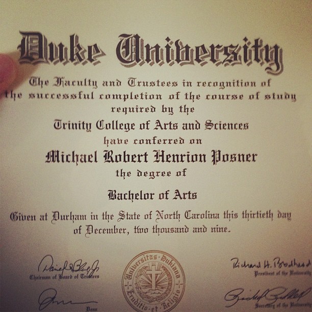 Mike Posner's Duke University Degree
