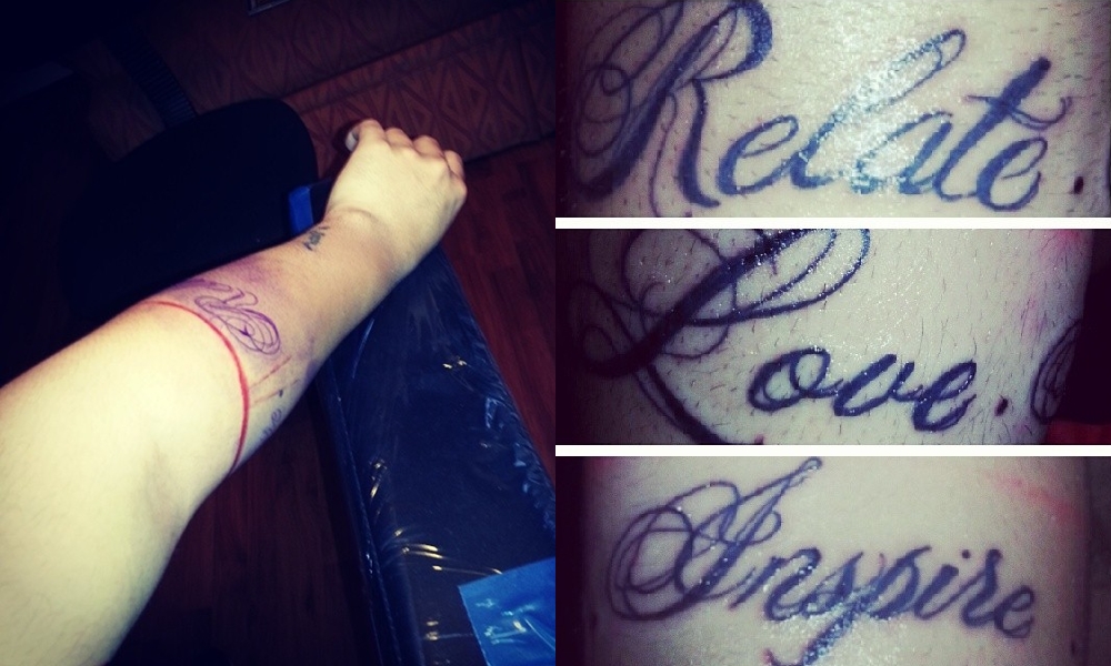 Andy's Left Forearm Tattoo Featuring Mike Posner's "Relate. Love. Inspire." Quote (April 2014)
instagram.com/ayandaay
Andy's Left Forearm Tattoo Featuring Mike Posner's "Relate. Love. Inspire." Quote (April 2014)
instagram.com/ayandaay