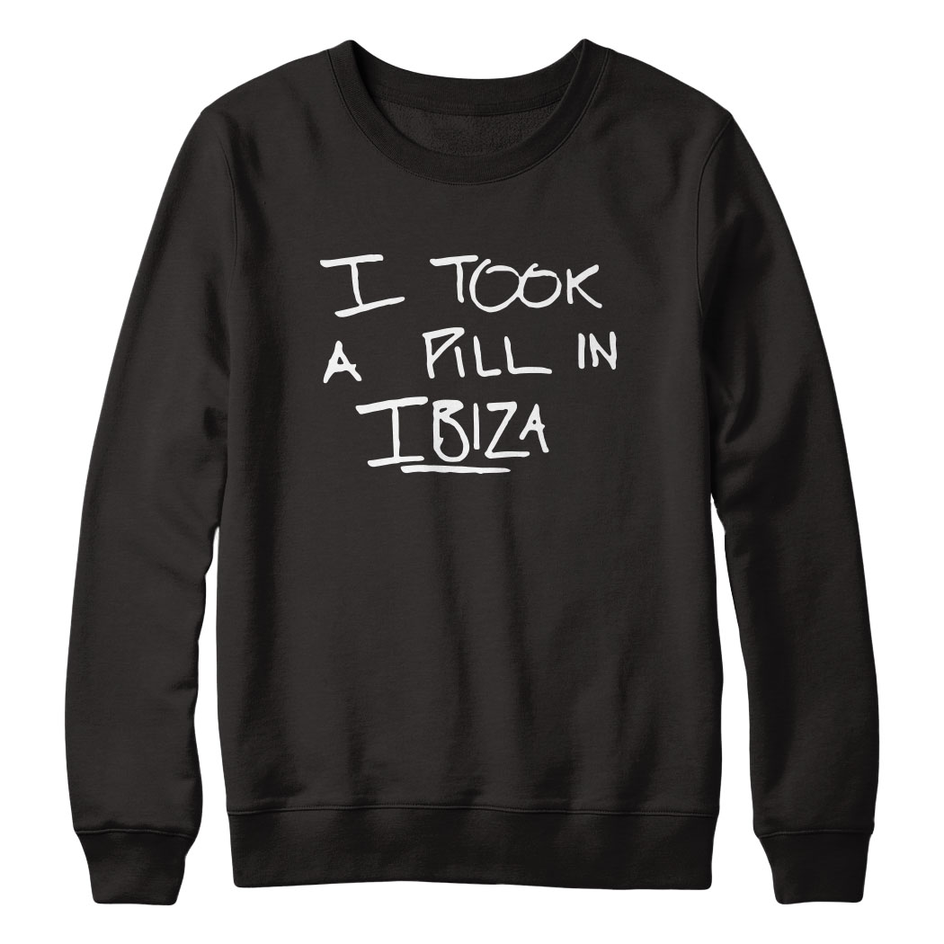 Mike Posner's "I Took A Pill In Ibiza" limited edition charity sweatshirt in black
