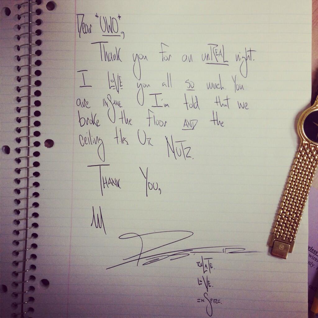 Mike Posner's handwritten letter to Fans that attended Bye Gosh Fest 2014 at UW Oshkosh in Oshkosh, WI 5/8/14
twitter.com/MikePosner

