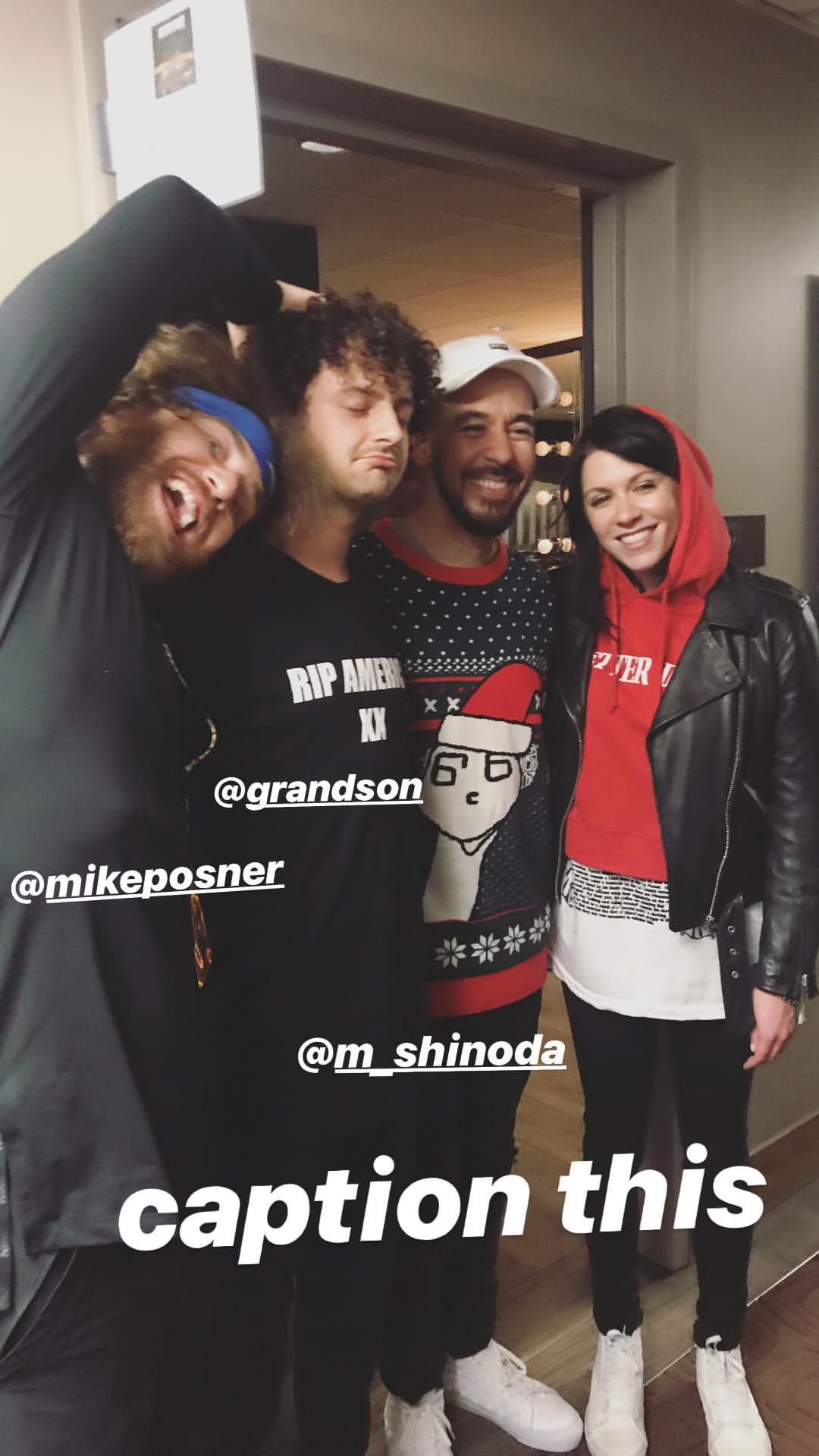 Mike Posner, Grandson, Mike Shinoda, and K.Flay backstage at KROQ's Almost Acoustic Christmas 2018
Photo credit: instagram.com/kflay
