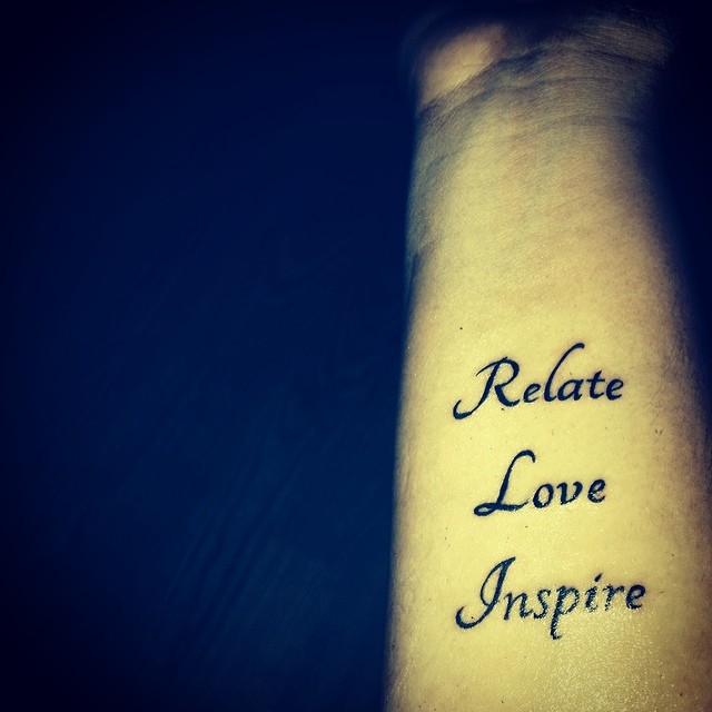 Fatou's right inner forearm tattoo of Mike Posner's inspirational quote "Relate. Love. Inspire." March 2014
instagram.com/fatoubah

