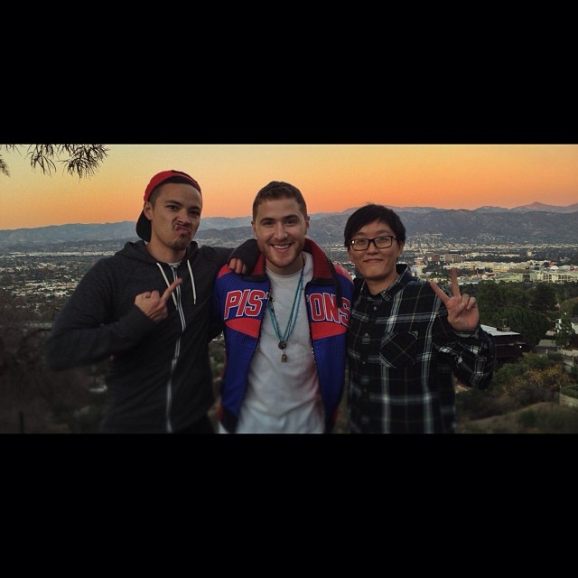 Jon Jon Augustavo, Mike Posner, and Mego Lin on the set of "Top of the World" music video - Los Angeles, CA 12/1/13
Instagram @linmego
