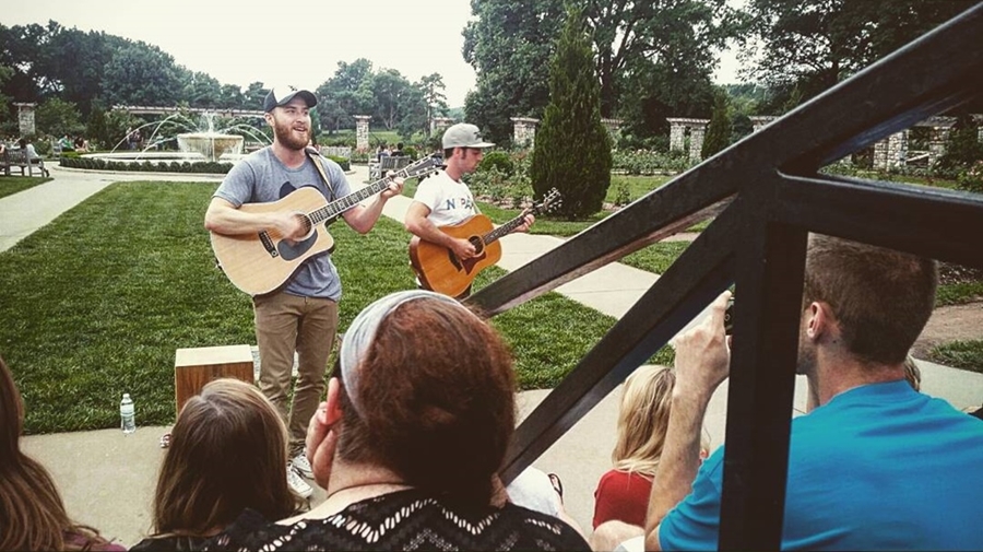 Mike Posner and Adam Friedman performing at Loose Park in Kansas City, MO July 2, 2015
