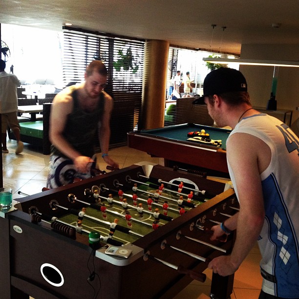 Mike & Patrick (tour manager) in Boracay playing foosball 12/5/11
