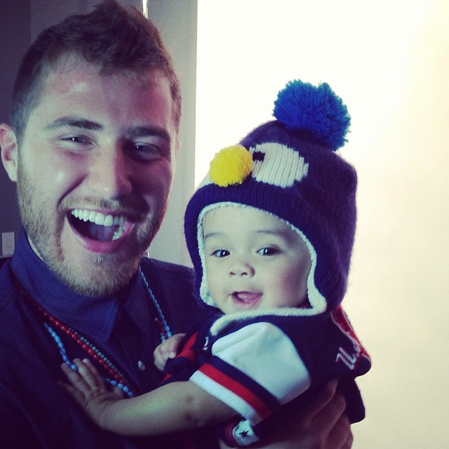 Mike Posner with baby Walter at Power 106 (Los Angeles) - Burbank, CA 1/15/14
