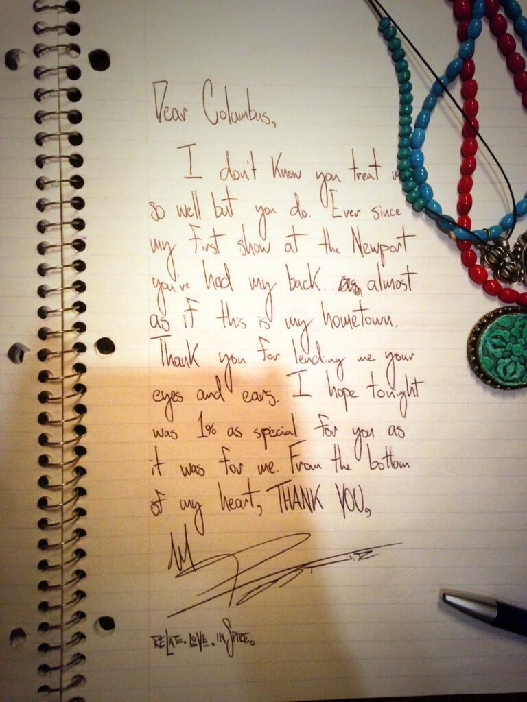 Mike Posner Believe Tour Letter to Columbus Fans 7/12/13
