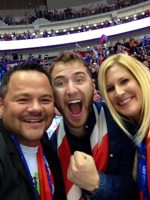 Mike Posner with Dan Milstein and friend at The Sochi 2014 Winter Olympics USA vs. Russia Ice Hockey Game in Sochi, Russia - February 15, 2014
twitter.com/danmilstein
