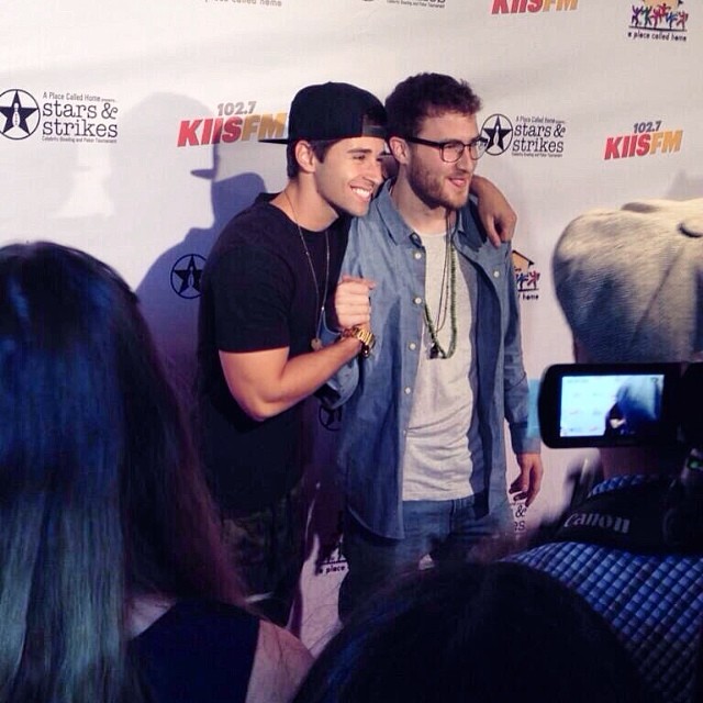 Mike Posner with Jake Miller (singer) at Stars & Strikes 2014 at PINZ in Studio City, CA 3/19/14
