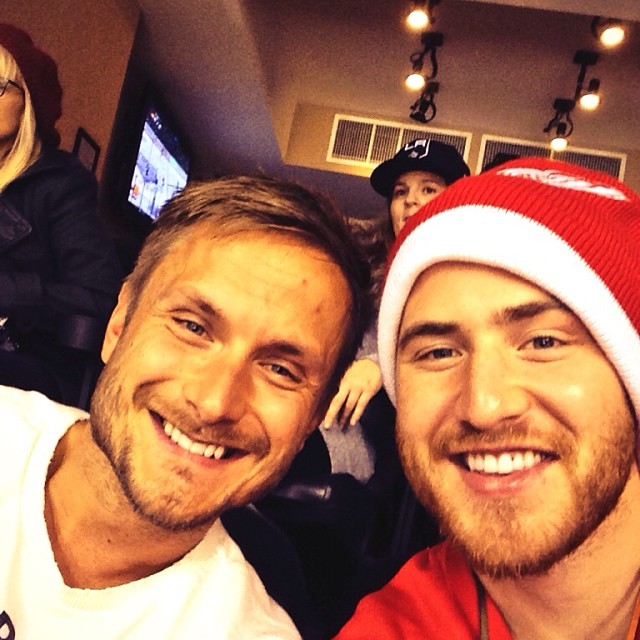 Mike Posner attending L.A. Kings Vs. Detroit Red Wings hockey game at Staples Center - Los Angeles, CA 1/11/14
