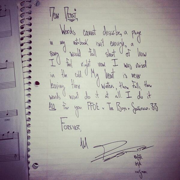Mike Posner's handwritten letter to fans after his Unplugged Tour in Detroit, MI 4/6/14
Twitter @MikePosner
