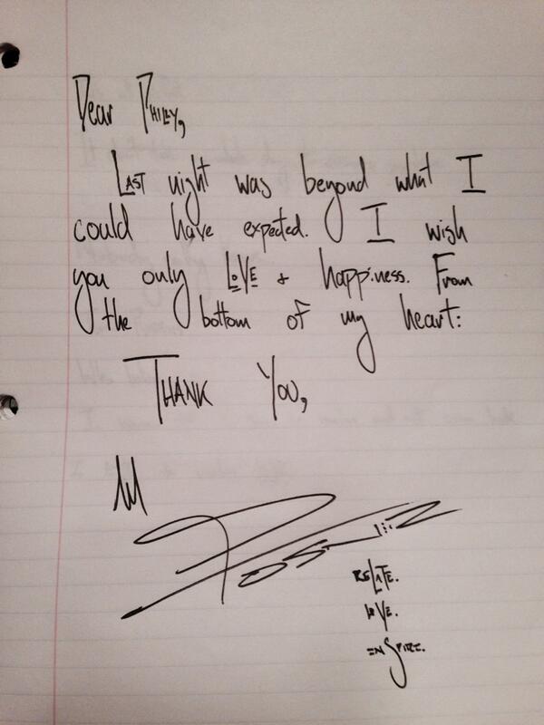 Mike Posner's handwritten letter to Philadelphia fans after his show 3/31/14
Twitter @MikePosner
