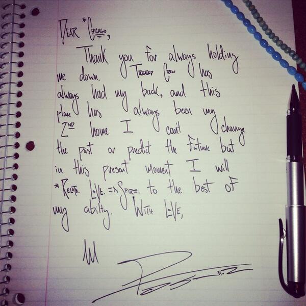 Mike Posner's handwritten letter to fans after his Unplugged Tour in Chicago, IL 4/7/14
