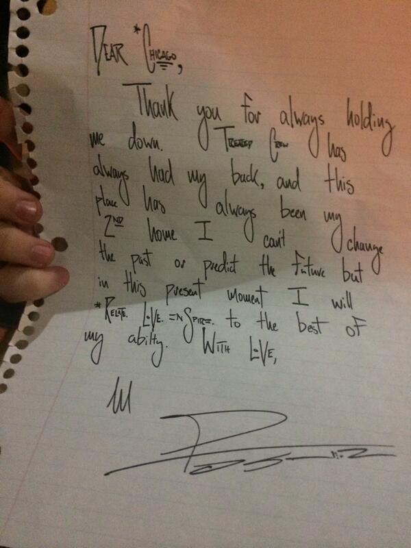 Mike Posner's handwritten letter to fans after his Unplugged Tour in Chicago, IL 4/7/14
Twitter @l_spiru
