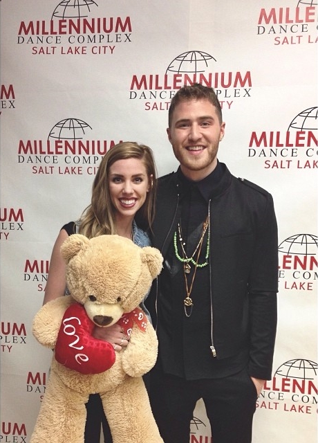 Mike Posner with the girl who caught the teddy bear at Millennium Bash 2014 for the Millenium Dance Complex (Salt Lake City) Grand Opening 2/8/14
Instagram @savloop
