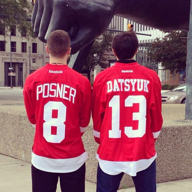 Mike Posner and Pavel Datsyuk of the Detroit Red Wings at Joe Louis Fist Statue in Detroit, MI 9/21/13
