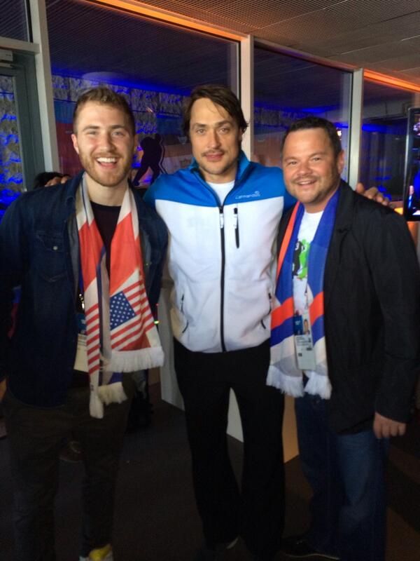 Mike Posner with Dan Milstein and Finnish Hockey Player Teemu Selänne at The Sochi 2014 Winter Olympics in Sochi, Russia  - February 15, 2014
twitter.com/danmilstein
