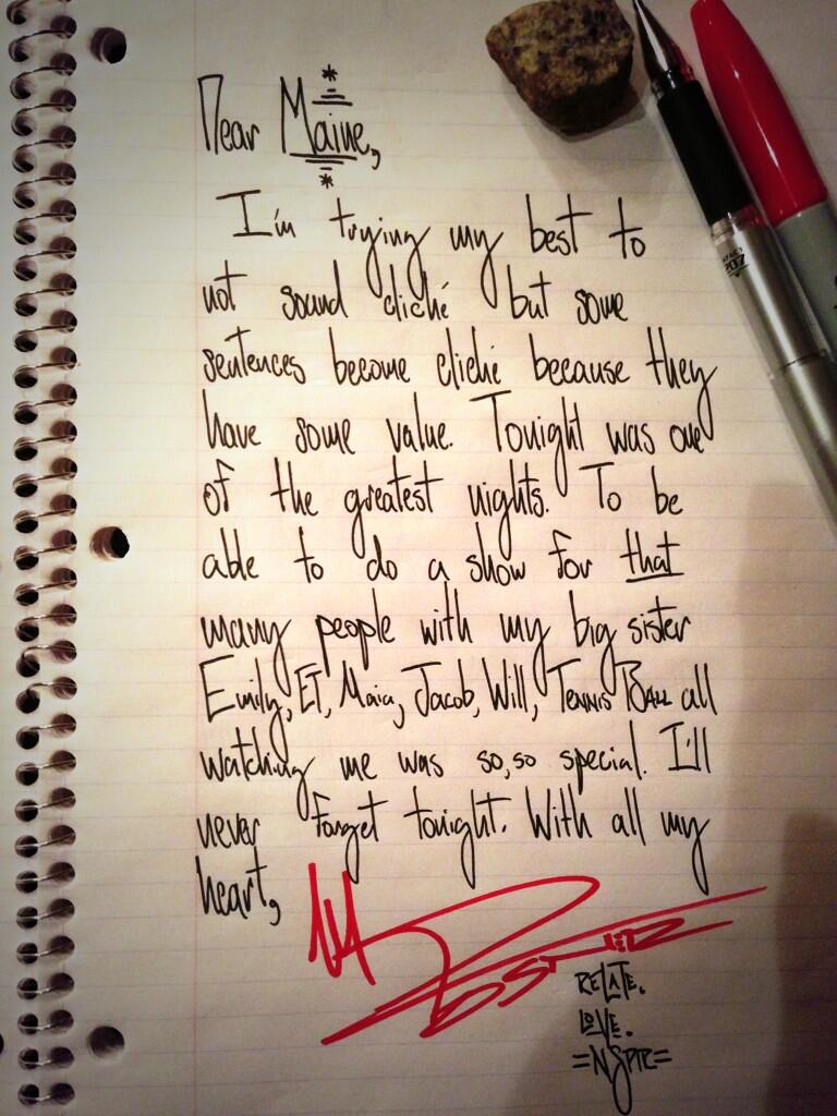 Mike Posner Warrior Tour Letter to Bangor, Maine Fans 8/30/13
