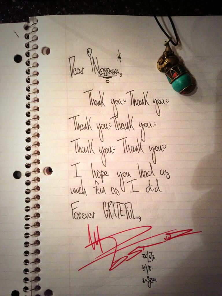 Mike Posner Warrior Tour Letter to Lincoln, Nebraska Fans 8/18/13
