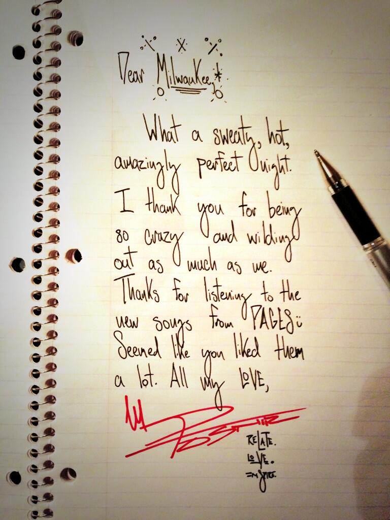 Mike Posner Warrior Tour Letter to Milwaukee, WI Fans 8/21/13
