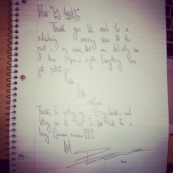 Mike Posner's handwritten letter to LOs Angeles fans after his show 4/10/14
