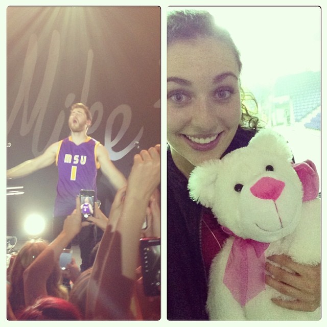 The Fan that caught the teddy bear at Mike Posner's show at Minnesota State University, Mankato in Mankato, MN 4/28/14
Instagram @raechelmackenzie
