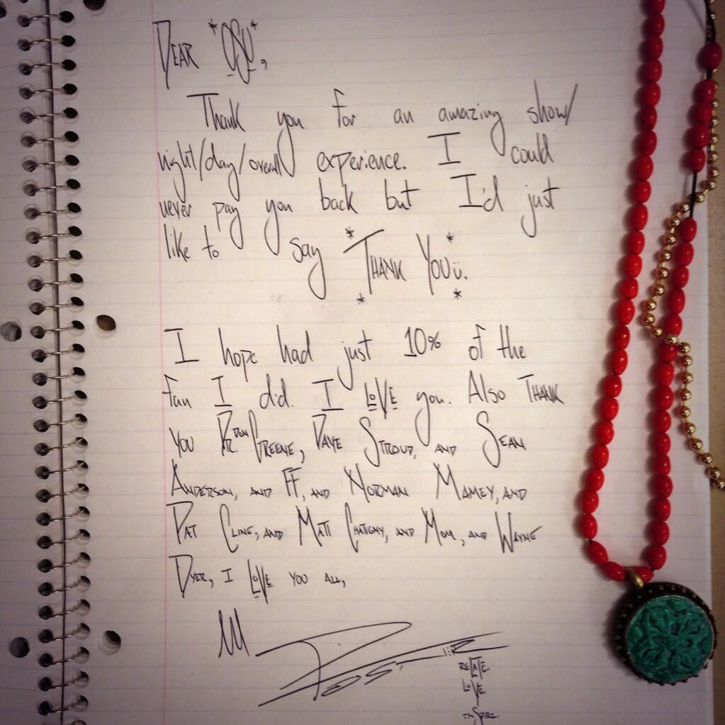 Mike Posner's handwritten letter thanking OSU students and others after performing at Dam Jam 2014 5/31/14
twitter.com/MikePosner
