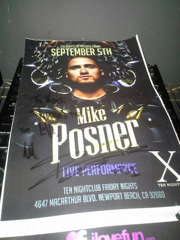 Ten Nightclub poster autographed by Mike Posner for a fan
