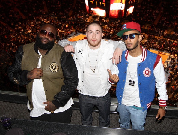 Rick Ross, Mike Posner, and Swizz Beatz at the Trail Blazers vs. Knick game at Madison Square Garden
