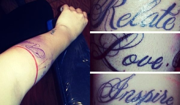 Fan #2 Gets Tattoo of Mike Posner’s Motto ‘Relate. Love. Inspire.’